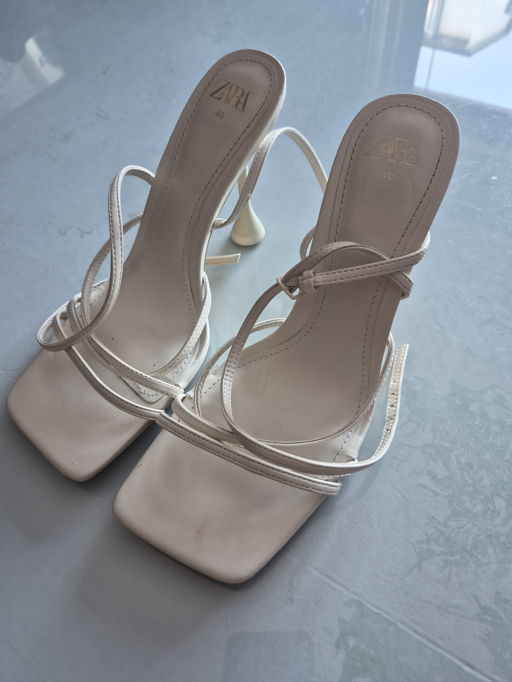 ZARA Off-White Strappy Square-Toe Stiletto Sandals